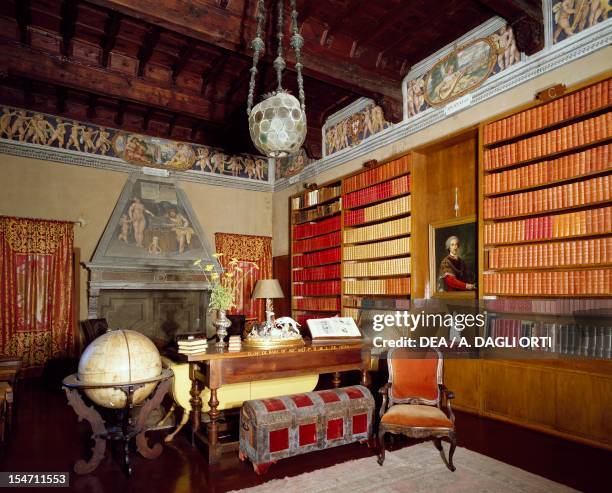 Study-library with wooden ceiling and frescoes, Villa Cicogna Mozzoni, Bisuschio. Italy, 16th century.