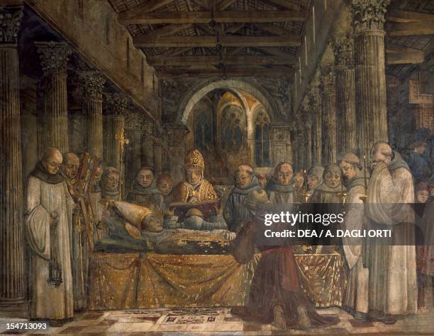 Funeral of St Louis of Toulouse, 1455-1461, by Benedetto Bonfigli , fresco, Priors Chapel, Priors Palace, Perugia, Umbria. Detail. Italy, 15th...