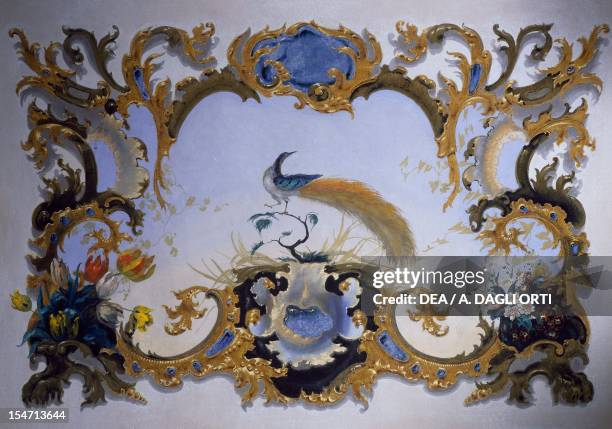 Detail of the 1860 neo-baroque styled frescoes, Sala dei Pavoni, Castle of Bornato, Brescia. Italy, 19th century.