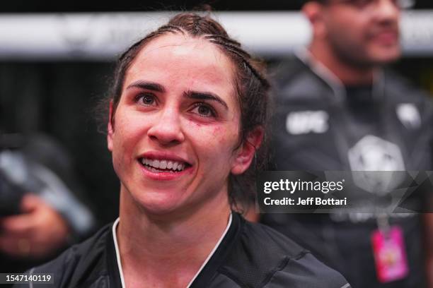 Norma Dumont of Brazil looks on after her women's featherweight fight against Chelsea Chandler during the UFC Fight Night at UFC APEX on July 15,...