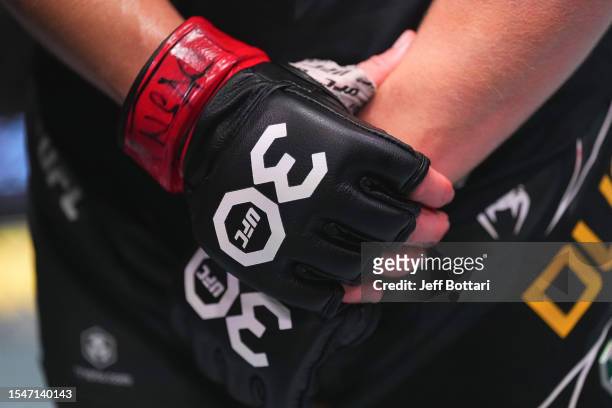 Detail view of the gloves of Norma Dumont of Brazil fight during the UFC Fight Night at UFC APEX on July 15, 2023 in Las Vegas, Nevada.