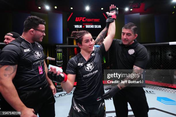 Norma Dumont of Brazil reacts after her victory over Chelsea Chandler in their women's featherweight fight during the UFC Fight Night at UFC APEX on...