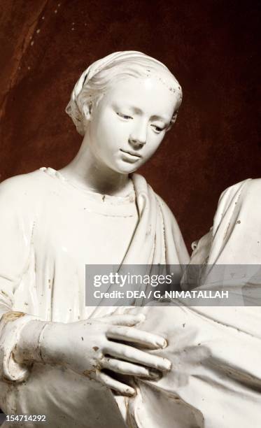 The Virgin, detail from the Visitation by Luca della Robbia , white glazed terracotta group, Church of St John Fuorcivitas, Pistoia, Tuscany. Italy,...