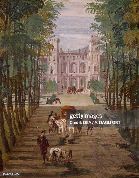 Landscape with carriages and horses, by Paolo Veronese , fresco, Villa Barbaro , Room of Bacchus, Maser, Veneto. Italy, 16th century.