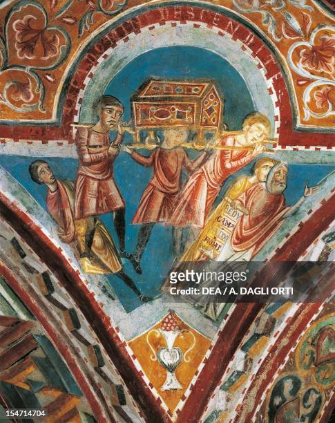 Pilgrimage of the Holy Ark to Azoto, Gaza, Ascaron and Accaron, early 13th century fresco. Crypt of St Mary Cathedral, Anagni, Lazio. Italy, 13th...