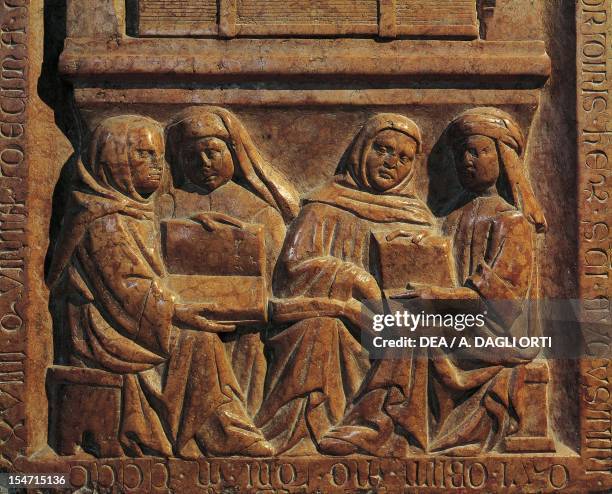 Tombstone of a university lecturer decorated with relief, Church of the Eremitani , Padua, Veneto. Detail. Italy, 14th century.