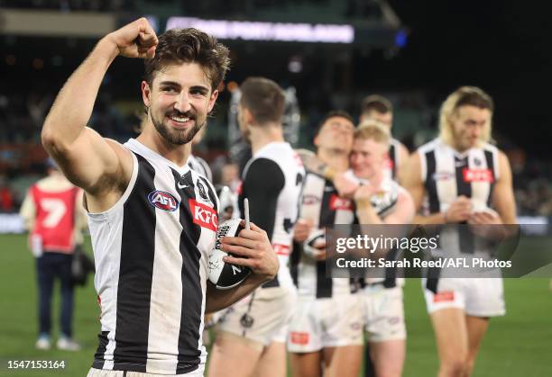 Josh Daicos of the Magpies after the win during the 2023 AFL Round 19 match between the Port Adelaide Power and the Collingwood Magpies at Adelaide...