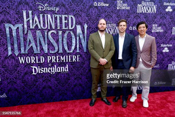 Nick Reynolds, Jonathan Eirich, and Dan Lin attend the World Premiere of Disney's "Haunted Mansion" at Disney California Adventure Park on July 15,...