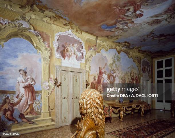 Glimpse of the central hall with frescoes, by Jacopo Guarana , Villa Contarini, Valnogaredo, Cinto Euganeo, Veneto. Italy, 18th century.