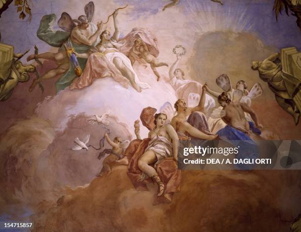 Gods of Olympia, by Jacopo Guarana , fresco, central hall ceiling, Villa Contarini, Valnogaredo, Cinto Euganeo, Veneto. Detail. Italy, 18th century.