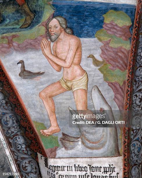 Prophet Jonah being spat out by the whale, fresco, cloister, Santa Maria Assunta and San Cassiano Cathedral, Brixen, Trentino-Alto Adige. Italy,...