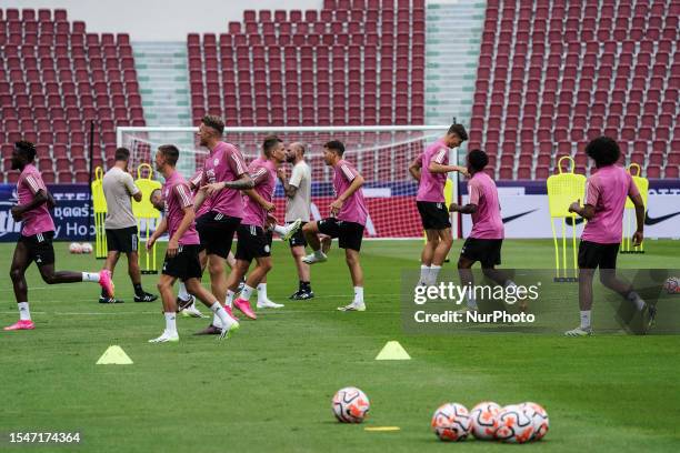 Leicester City players attend their team's training session for the pre-season tour soccer match between Tottenham Hotspur and Leicester City at...