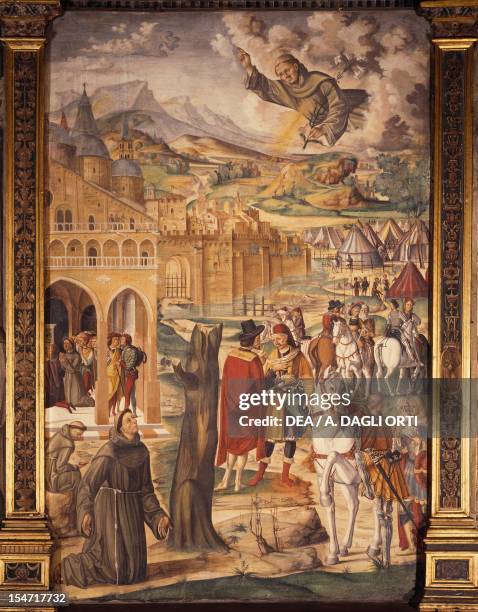 St Anthony of Padua appearing to blessed Luca Belludi foretelling the liberation of Padua, ca 1510, by Filippo da Verona , fresco, School of Santo,...