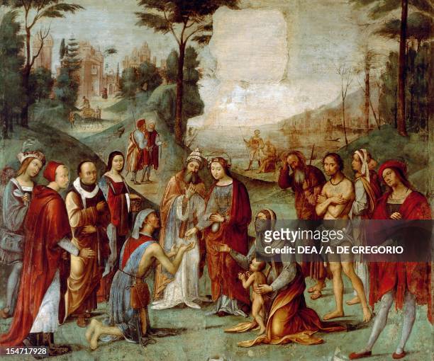 Santa Cecilia giving her possessions to the poor, ca 1506, by Lorenzo Costa , fresco, Oratory of Santa Cecilia , Bologna, Emilia-Romagna. Italy, 16th...