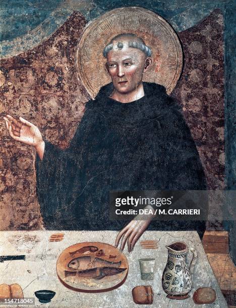 San Guido , detail from San Guido's dinner with Bishop Geberardo of Ravenna, by Pietro da Rimini , Refectory Benedictine Abbey, Pomposa,...