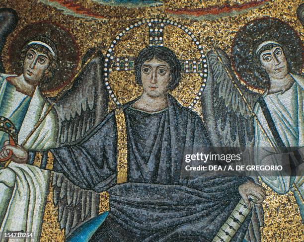 Christ and two angels, detail from the Theophany with Christ as the Redeemer, San Vitale, Bishop Ecclesius and two archangels, mosaic, apsidal basin,...