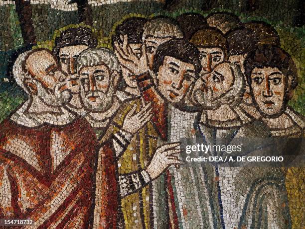 Aaron and twelve tribal chiefs of Israel, mosaic, right of the lunette, northern wall of the presbytery, Basilica of San Vitale , Ravenna,...