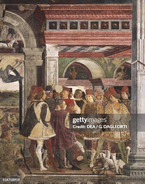 Borso d'Este giving a coin to the court jester, scene from Month of April, ca 1470, by Francesco del Cossa , fresco, east wall, Hall of the Months,...