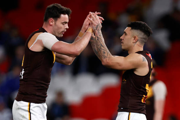 Tyler Brockman of the Hawks celebrates a goal during the round 18 AFL match between North Melbourne Kangaroos and Hawthorn Hawks at Marvel Stadium,...