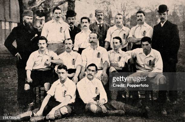 The England team prior to the International match against Scotland at Richmond, 1st April 1893. Standing : William McGregor, Robert Gosling ,...