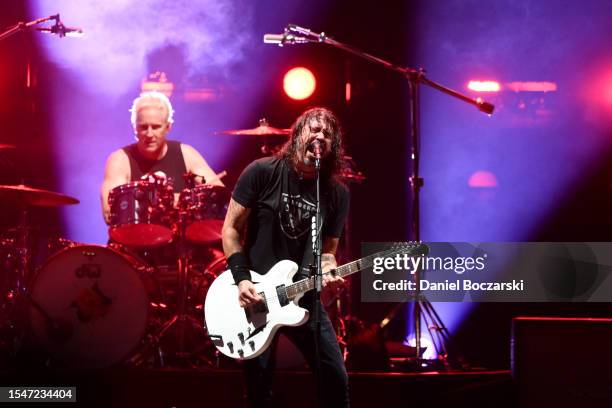 Josh Freese and Dave Grohl of Foo Fighters perform onstage during Harley-Davidson's Homecoming Festival - Day 2 at Veterans Park on July 15, 2023 in...