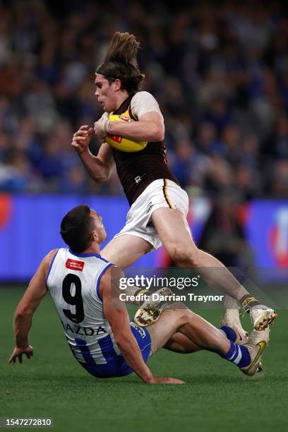 Will Day of the Hawks marks the ball during the round 18 AFL match between North Melbourne Kangaroos and Hawthorn Hawks at Marvel Stadium, on July 16...