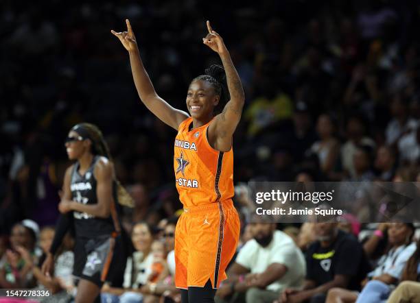 Jewell Loyd of Team Stewart reacts after making a three-pointer during the 2023 WNBA All-Star game at Michelob ULTRA Arena on July 15, 2023 in Las...