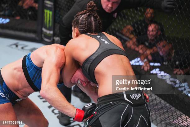 Mayra Bueno Silva of Brazil submits Holly Holmin their women's bantamweight fight during the UFC Fight Night at UFC APEX on July 15, 2023 in Las...