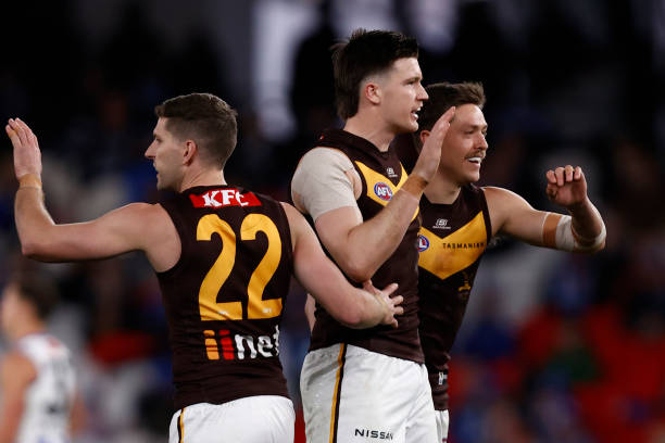 Mitch Lewis of the Hawks celebrates a goal during the round 18 AFL match between North Melbourne Kangaroos and Hawthorn Hawks at Marvel Stadium, on...