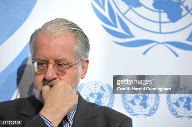 Paulo Pinheiro, member of The Commission of Inquiry on Syria, looks on as he addresses the press for the first time with the new group composition...