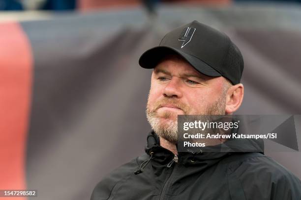 Coach Wayne Rooney of D.C. United before a game between D.C. United and New England Revolution at Gillette Stadium on July 15, 2023 in Foxborough,...