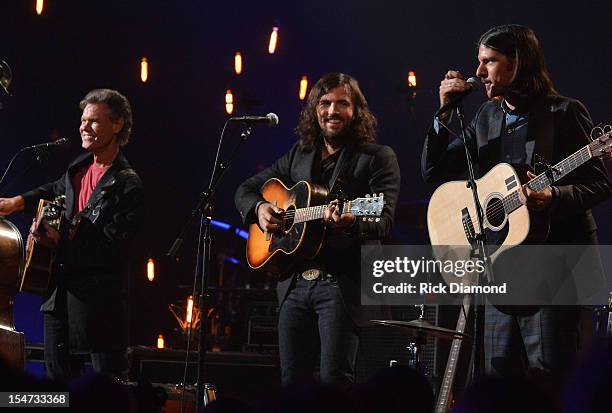 Randy Travis, Scott Avett and Seth Avett perform during CMT Crossroads: The Avett Brothers And Randy Travis tape at The Factory, Liberty Hall in...