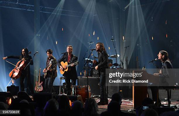 Joe Kwon - Avett Brothers, Bob Crawford - Avett Brothers, Randy Travis, Scott Avett and Seth Avett perform during CMT Crossroads: The Avett Brothers...