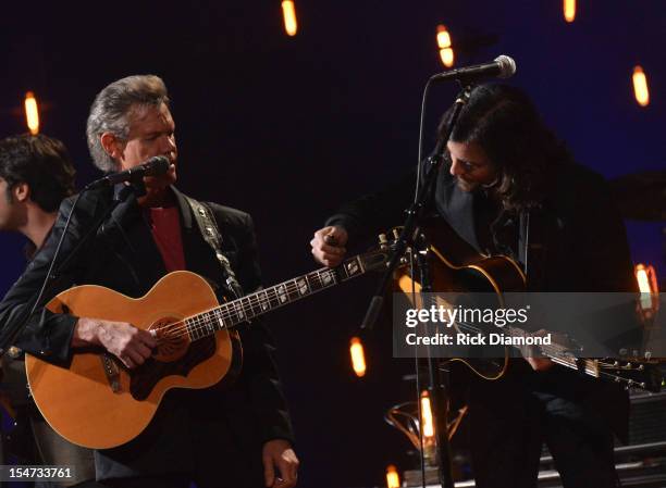 Randy Travis and Scott Avett - Avett Brothers perform during CMT Crossroads: The Avett Brothers And Randy Travis tape at The Factory, Liberty Hall in...