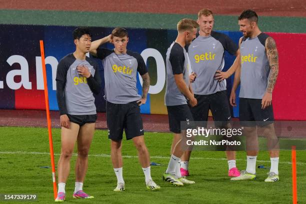 Heung-Min Son of Tottenham Hotspur in training session during the pre-season match against Leicester City at Rajamangala Stadium on July 22, 2023 in...