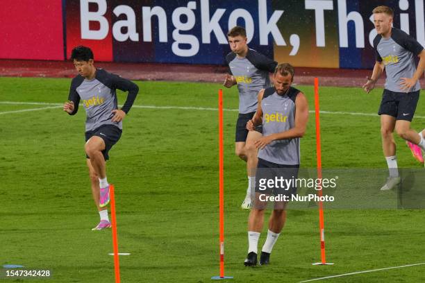 Heung-Min Son and Harry Kane of Tottenham Hotspur in training session during the pre-season match against Leicester City at Rajamangala Stadium on...