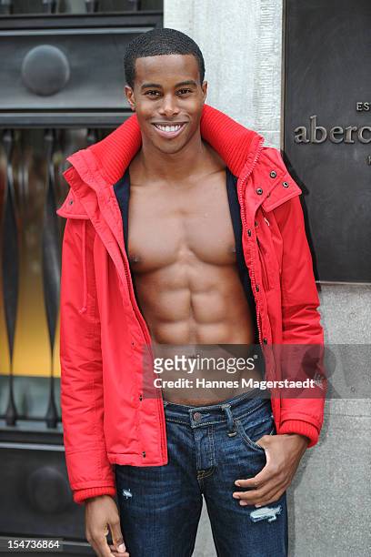 Male model poses during the opening of Abercrombie & Fitch flagship store on October 25, 2012 in Munich, Germany.
