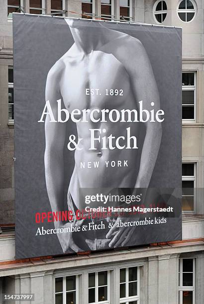 Placard of Abercrombie & Fitch hangs at the Abercrombie & Fitch store during the opening of Abercrombie & Fitch flagship store on October 25, 2012 in...