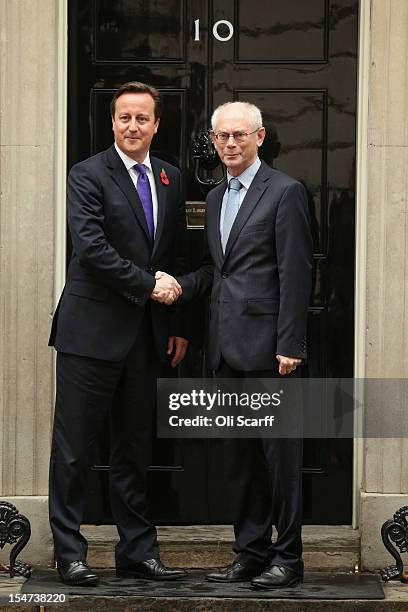 British Prime Minister David Cameron greets President of the European Council Herman Van Rompuy at 10 Downing Street on October 25, 2012 in London,...