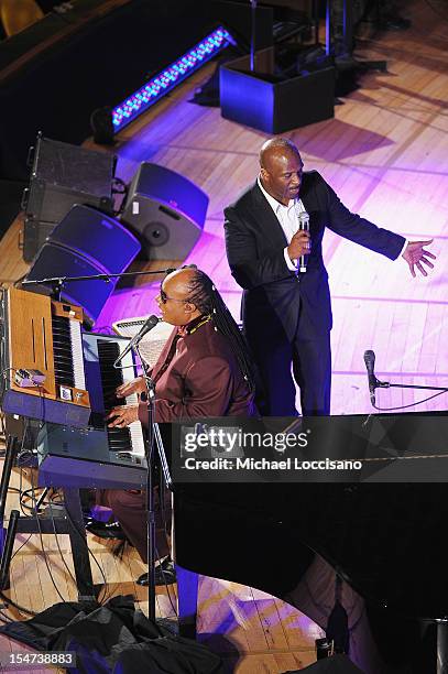 Messenger of Peace Stevie Wonder and Bebe Winans perform during the United Nations Day Concert at United Nations on October 24, 2012 in New York City.