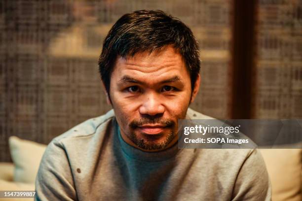 Legendary Filipino boxer Manny Pacquiao seen during a joint press conference on his upcoming battle against Thai Muay Thai fighter Buakaw Banchamek.