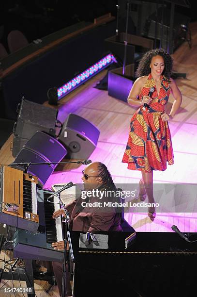 Messenger of Peace Stevie Wonder and Elle Varner perform during the United Nations Day Concert at United Nations on October 24, 2012 in New York City.