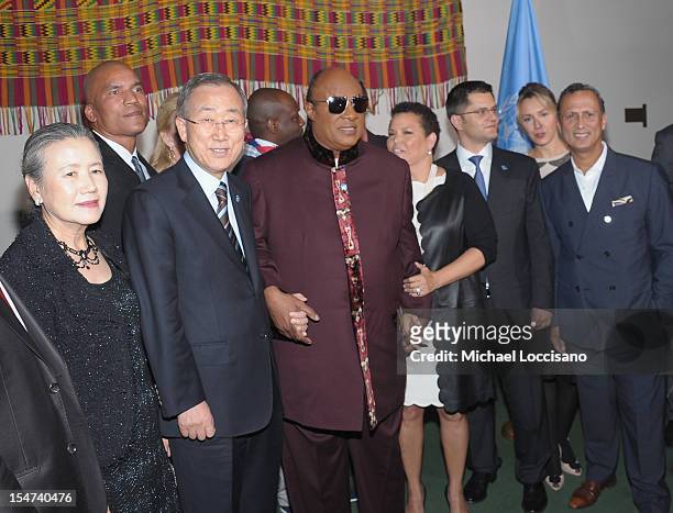 Yoo Soon-taek, guest, UN Secretary General Ban Ki-moon, UN Messenger of Peace Stevie Wonder, CEO and Chairman of BET Debra Lee, President of the...