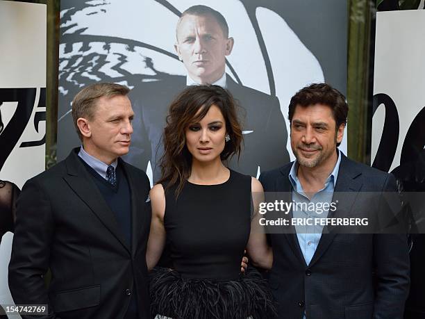 British actor Daniel Craig , French actress Berenice Marlohe and Spanish actor Javier Bardem pose during a photocall for the new James Bond film...