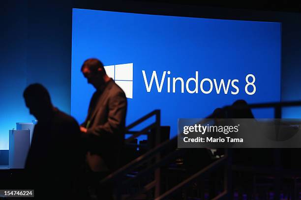 The Microsoft Windows 8 logo is displayed following a press conference unveiling the Microsoft Windows 8 operating system on October 25, 2012 in New...