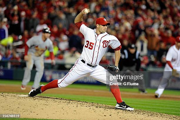 Craig Stammen of the Washington Nationals pitches against the St. Louis Cardinals in Game Five of the National League Division Series at Nationals...