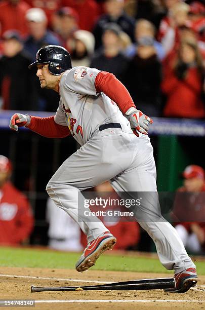 Matt Holliday of the St. Louis Cardinals bats against the Washington Nationals in Game Five of the National League Division Series at Nationals Park...