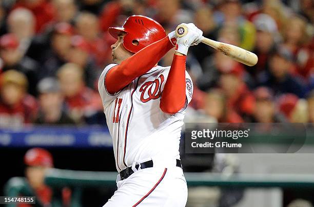 Ryan Zimmerman of the Washington Nationals bats against the St. Louis Cardinals in Game Five of the National League Division Series at Nationals Park...