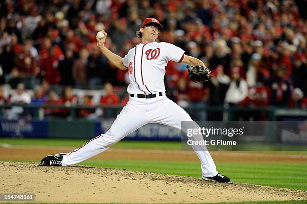 Tyler Clippard of the Washington Nationals pitches against the St. Louis Cardinals in Game Five of the National League Division Series at Nationals...