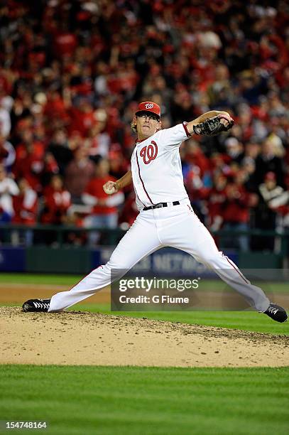 Tyler Clippard of the Washington Nationals pitches against the St. Louis Cardinals in Game Five of the National League Division Series at Nationals...